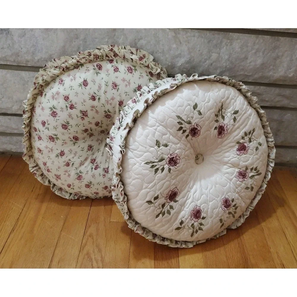 Vintage Floral Pillow Set Quilted Rose Cottagecore Throw Pillows Two Sided